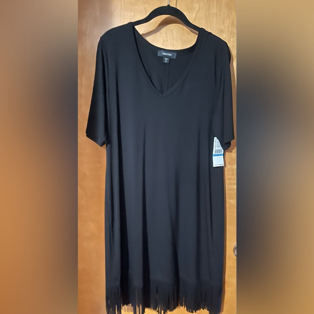 COPY - KAREN KANE V-neck Fringe Dress comfort T-Shirt Dress -Black with Fringe